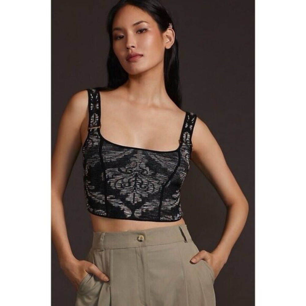 Anthropologie Valeria Knit Corset Crop Top Black Damask Bustier Dark Academia - Picture 3 of 13